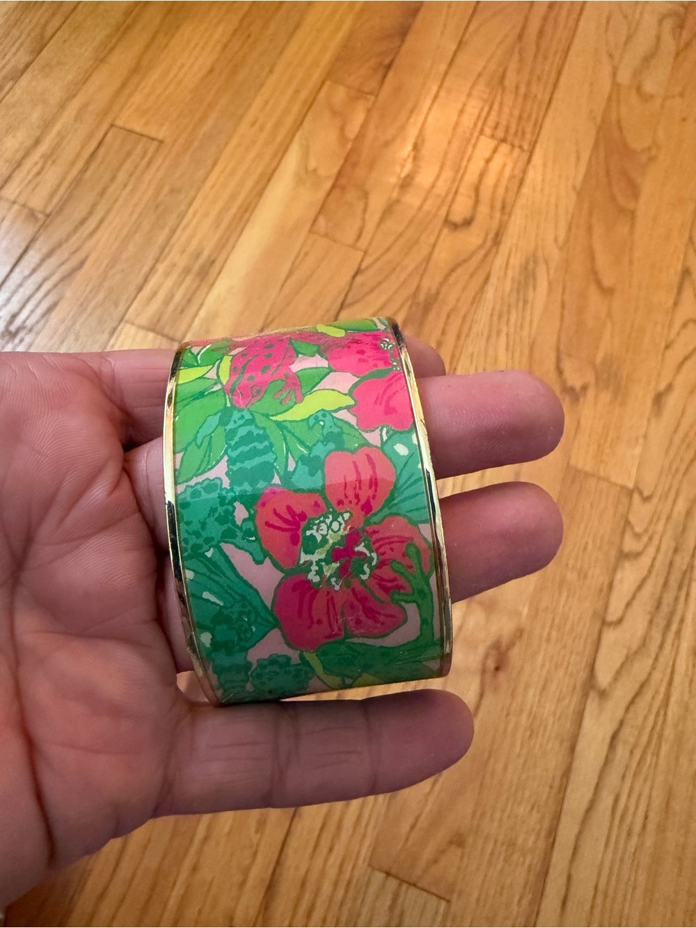 Lilly Pulitzer Green and Pink Floral Resin Cuff Bracelet bangle with Gold Accent